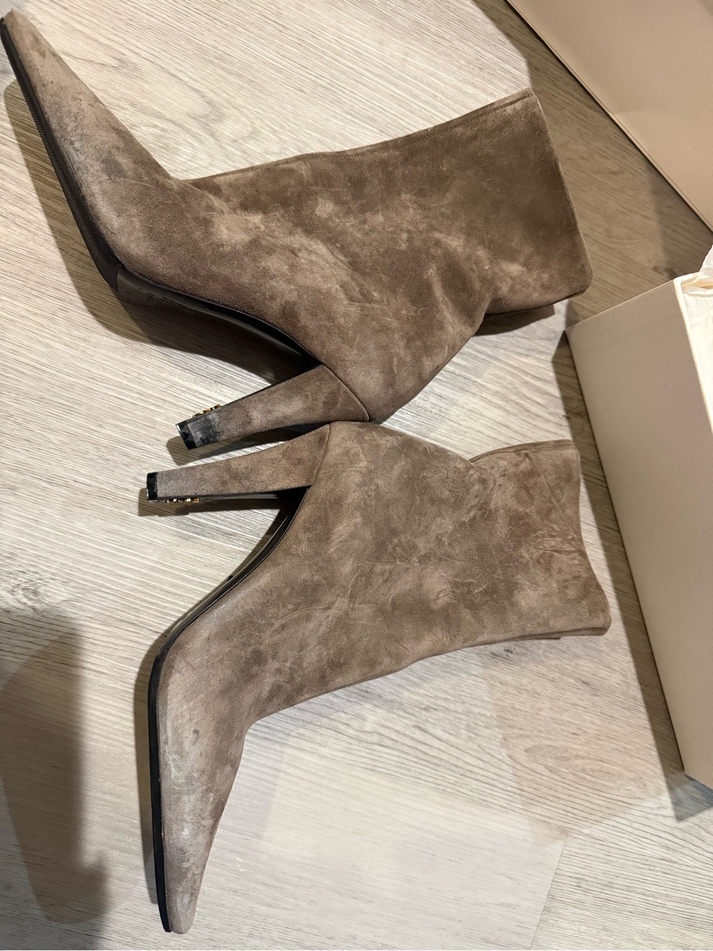 Saint Laurent Taupe Suede Pointed-Toe Mid-Heel Ankle Boots - Picture 7 of 8